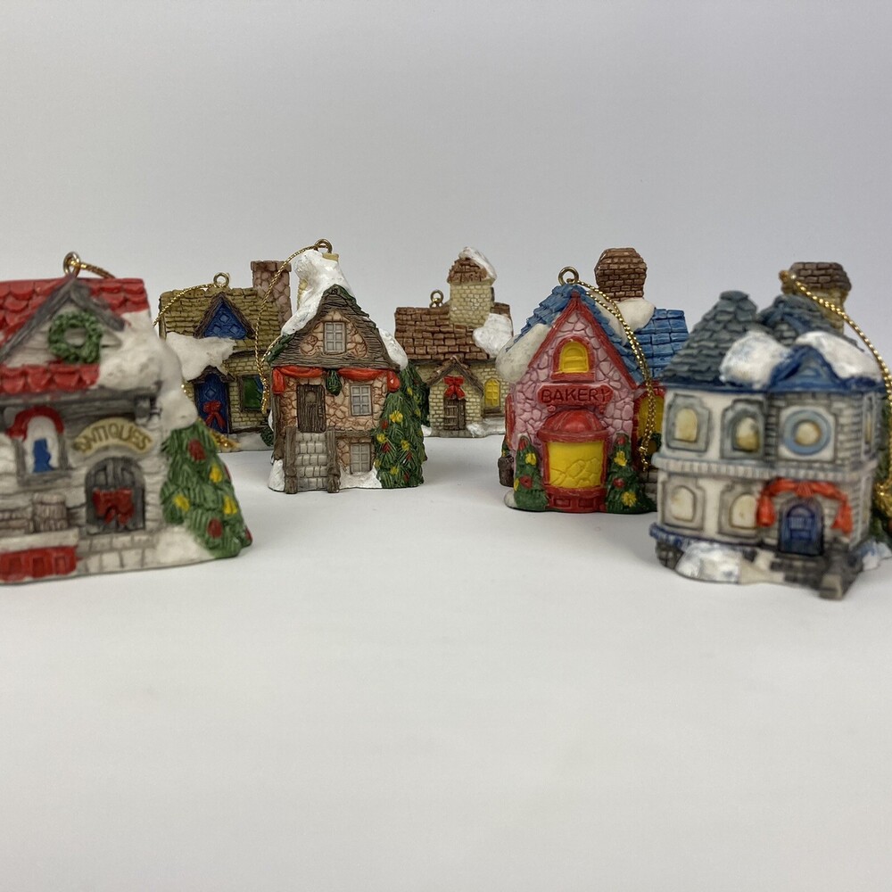 Lot Set 6 VTG Christmas Village Ornaments Mini Houses Bakery Antiques Snow Resin